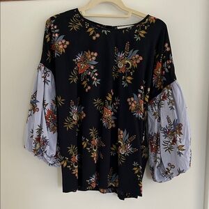 LOFT Black Floral Blouse with Puff Sleeves